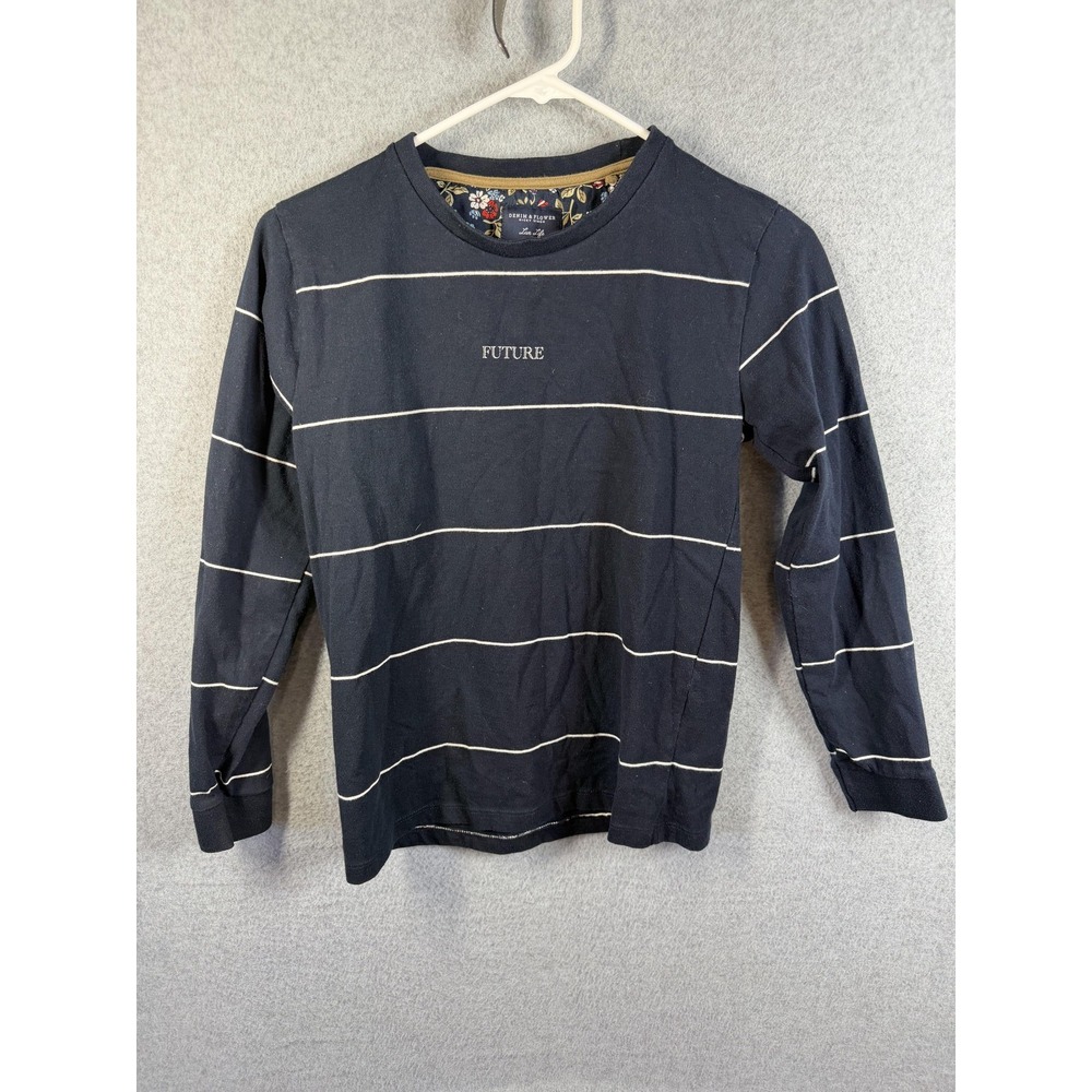 Denim & Flower Shirt Boys 9/10 Blue Striped Long Sleeve Future Graphic Crew Neck